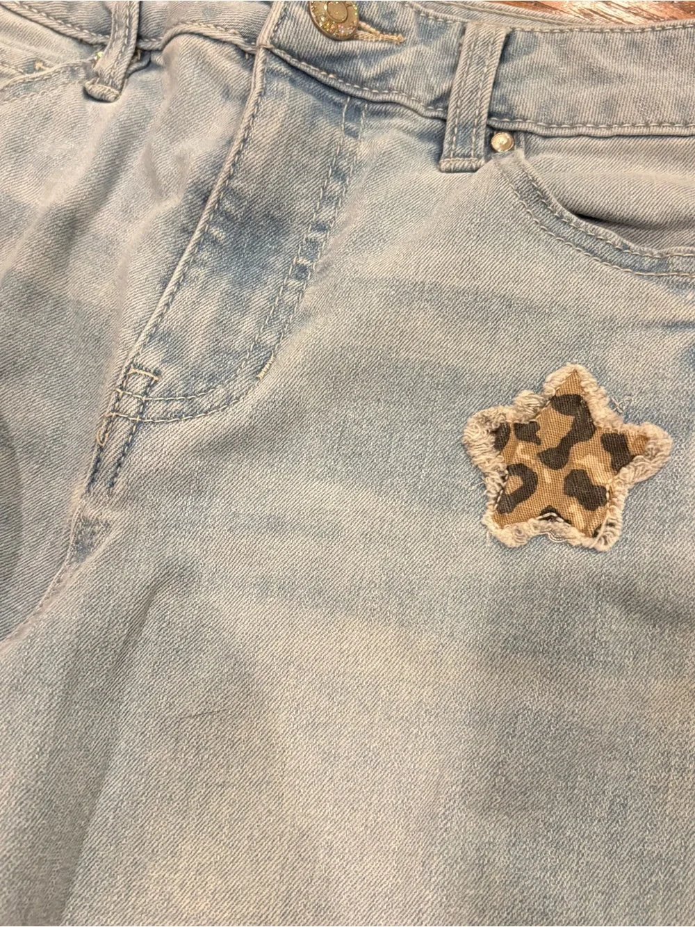 Girls Gap Shirt Light Wash Flare Jeans with Leopard Star Patches Outfit